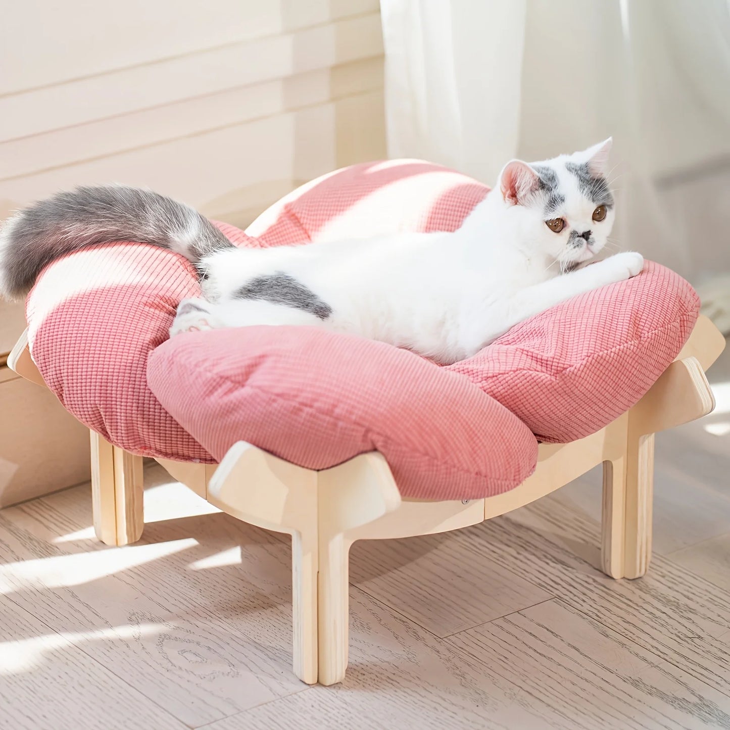 Raised Wooden Cat Bed With Soft Cushion For Indoor Use