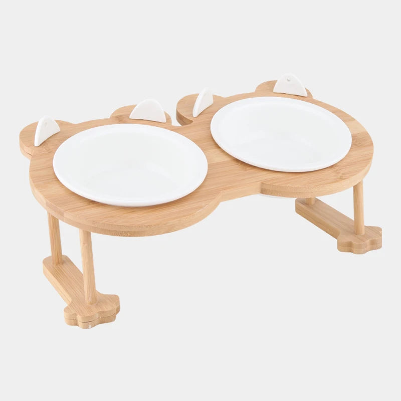 Ceramic Cat And Dog Food Bowl With Wooden Stand For Eating And Drinking