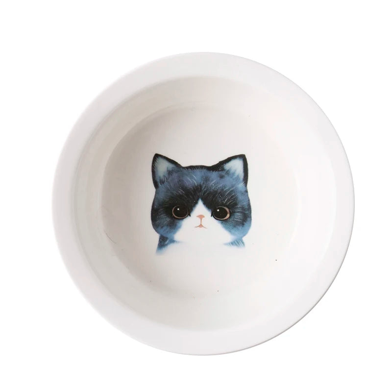 Ceramic Cat And Dog Food Bowl With Wooden Stand For Eating And Drinking