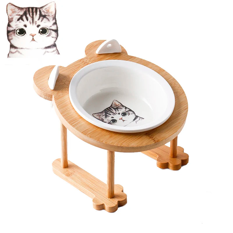 Ceramic Cat And Dog Food Bowl With Wooden Stand For Eating And Drinking