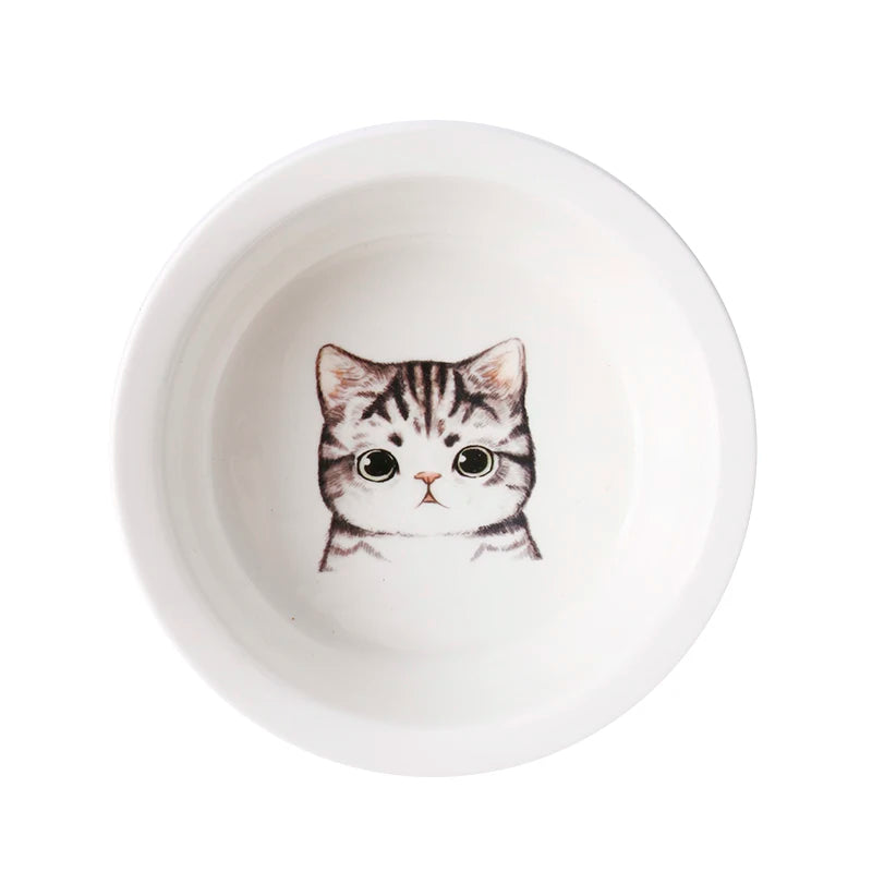 Ceramic Cat And Dog Food Bowl With Wooden Stand For Eating And Drinking