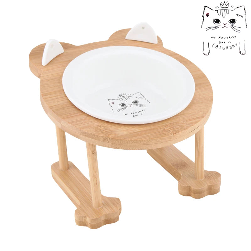 Ceramic Cat And Dog Food Bowl With Wooden Stand For Eating And Drinking