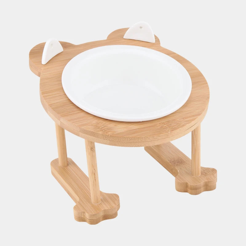 Ceramic Cat And Dog Dual Bowl Set With Wooden Stand
