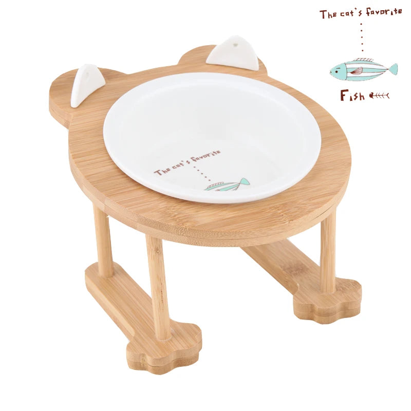Ceramic Cat And Dog Dual Bowl Set With Wooden Stand
