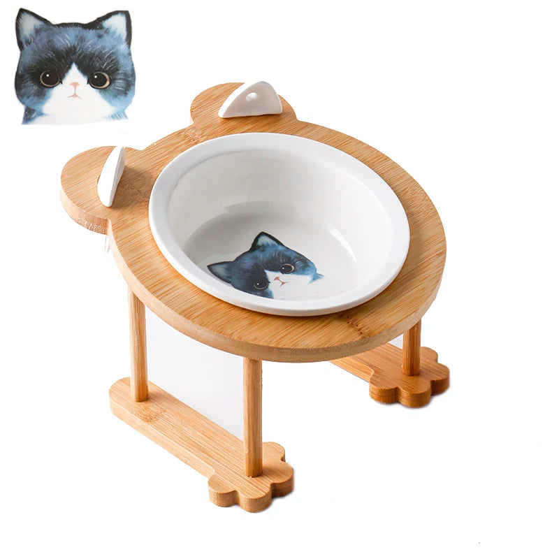 Ceramic Cat And Dog Food Bowl With Wooden Stand For Eating And Drinking