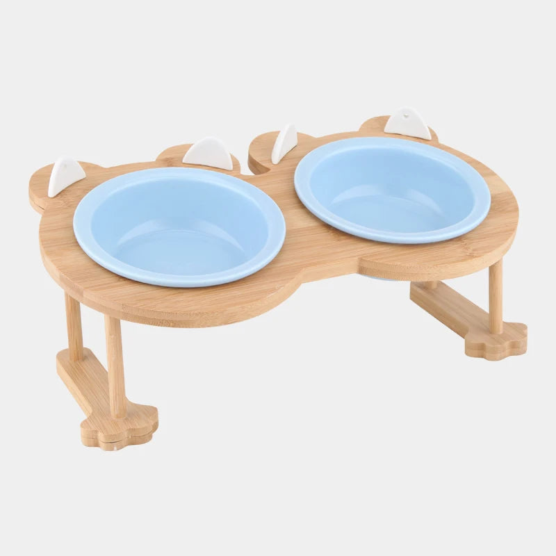 Ceramic Cat And Dog Food Bowl With Wooden Stand For Eating And Drinking