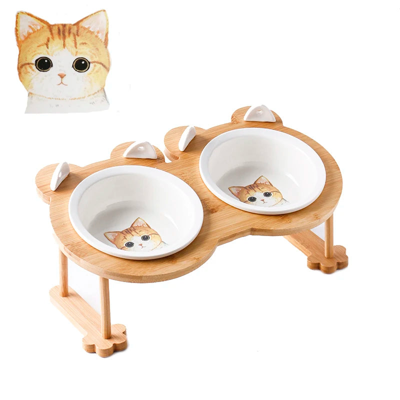 Ceramic Cat And Dog Food Bowl With Wooden Stand For Eating And Drinking