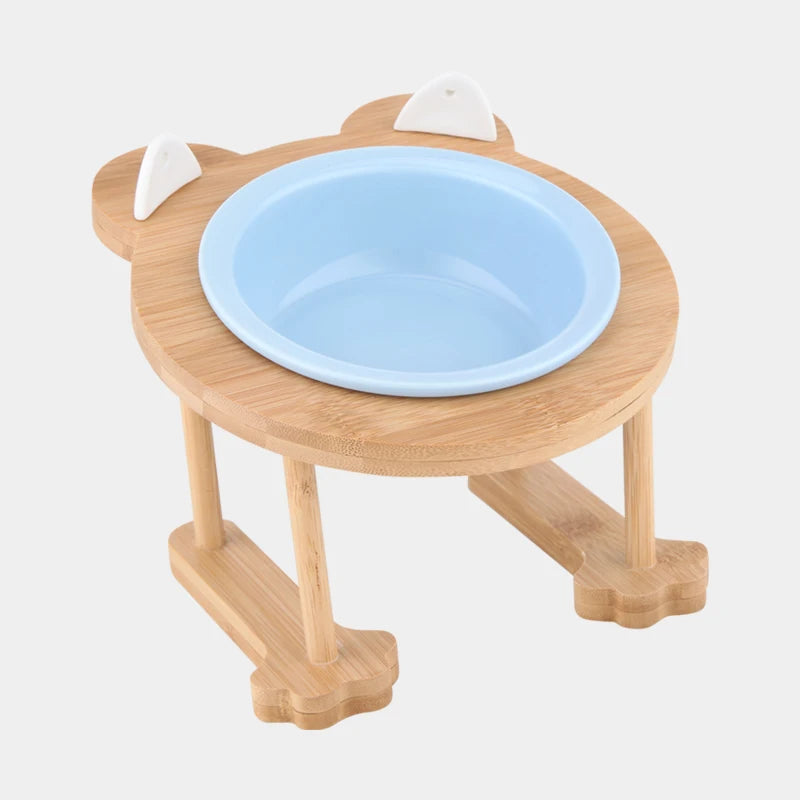 Ceramic Cat And Dog Dual Bowl Set With Wooden Stand