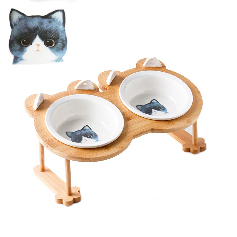 Ceramic Cat And Dog Dual Bowl Set With Wooden Stand