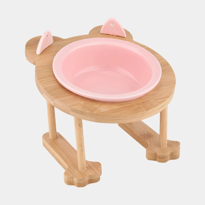Ceramic Cat And Dog Food Bowl With Wooden Stand For Eating And Drinking