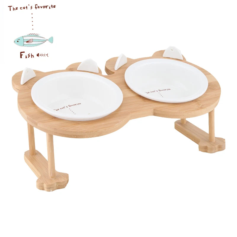 Ceramic Pet Bowl Set With Wooden Stand For Cats And Dogs