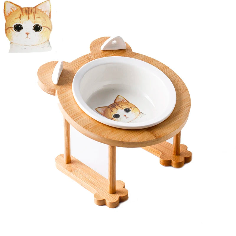 Ceramic Cat And Dog Food Bowl With Wooden Stand For Eating And Drinking