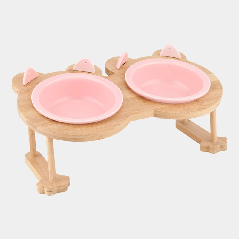 Ceramic Cat And Dog Food Bowl With Wooden Stand For Eating And Drinking
