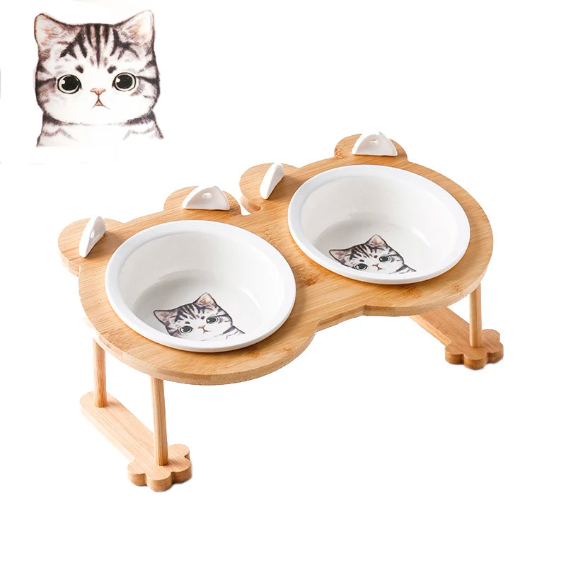 Ceramic Cat And Dog Dual Bowl Set With Wooden Stand