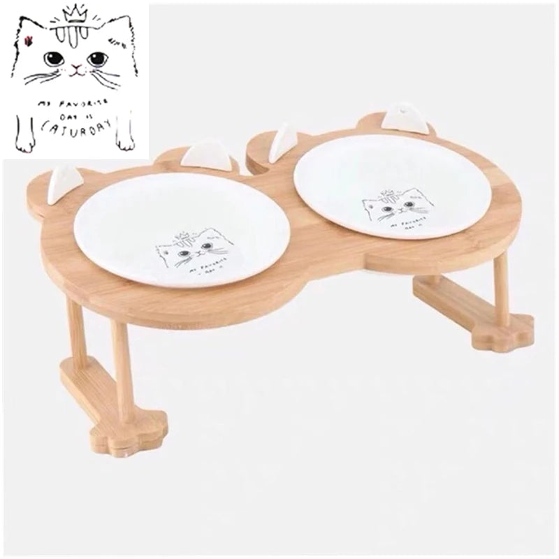 Ceramic Cat And Dog Food Bowl With Wooden Stand For Eating And Drinking