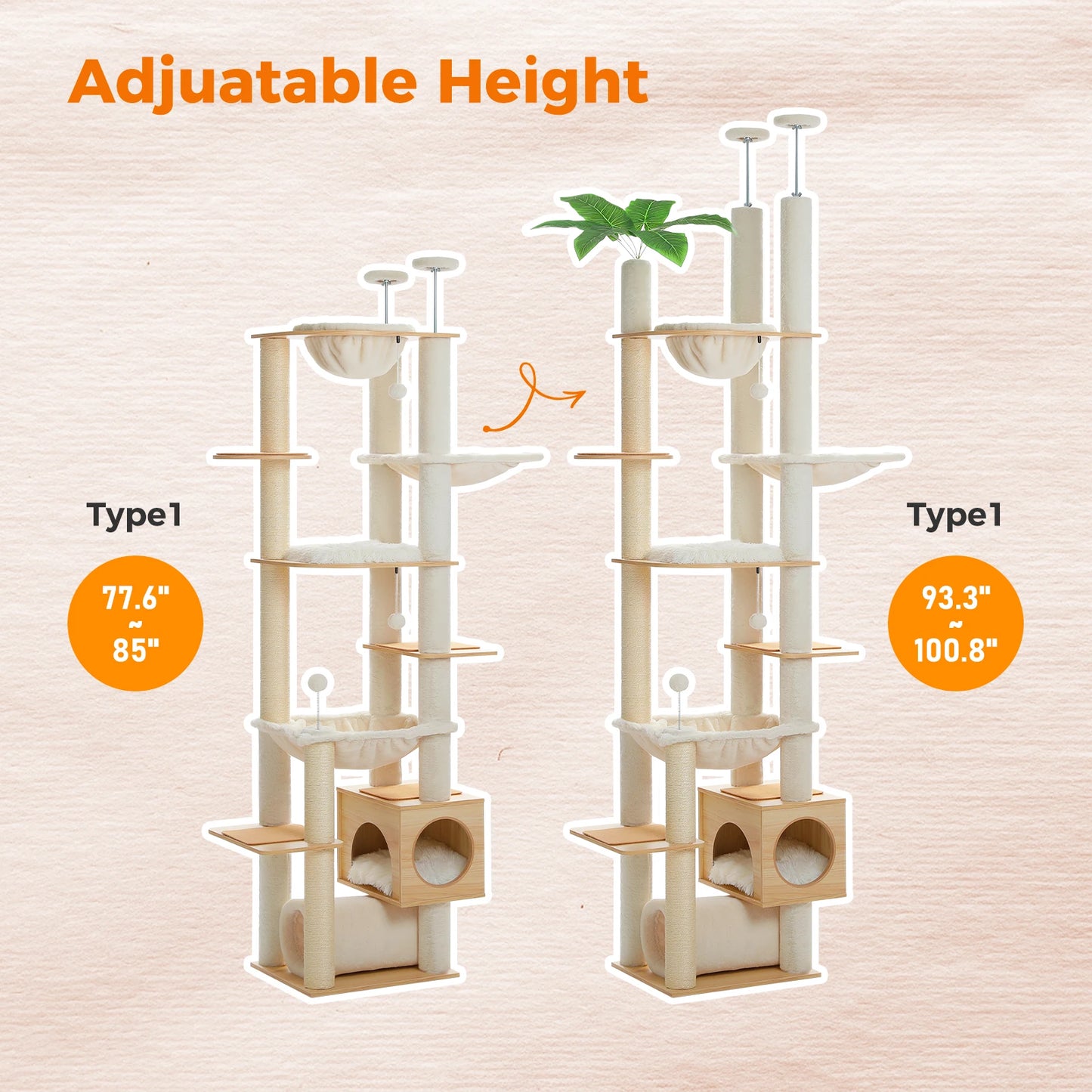 PAWZ Road Height Adjustable Wooden Cat Tree With Large Hammock