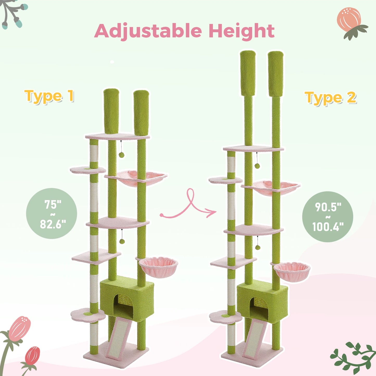PETEPELA Cactus Cat Tree Floor To Ceiling Tower With Hammock