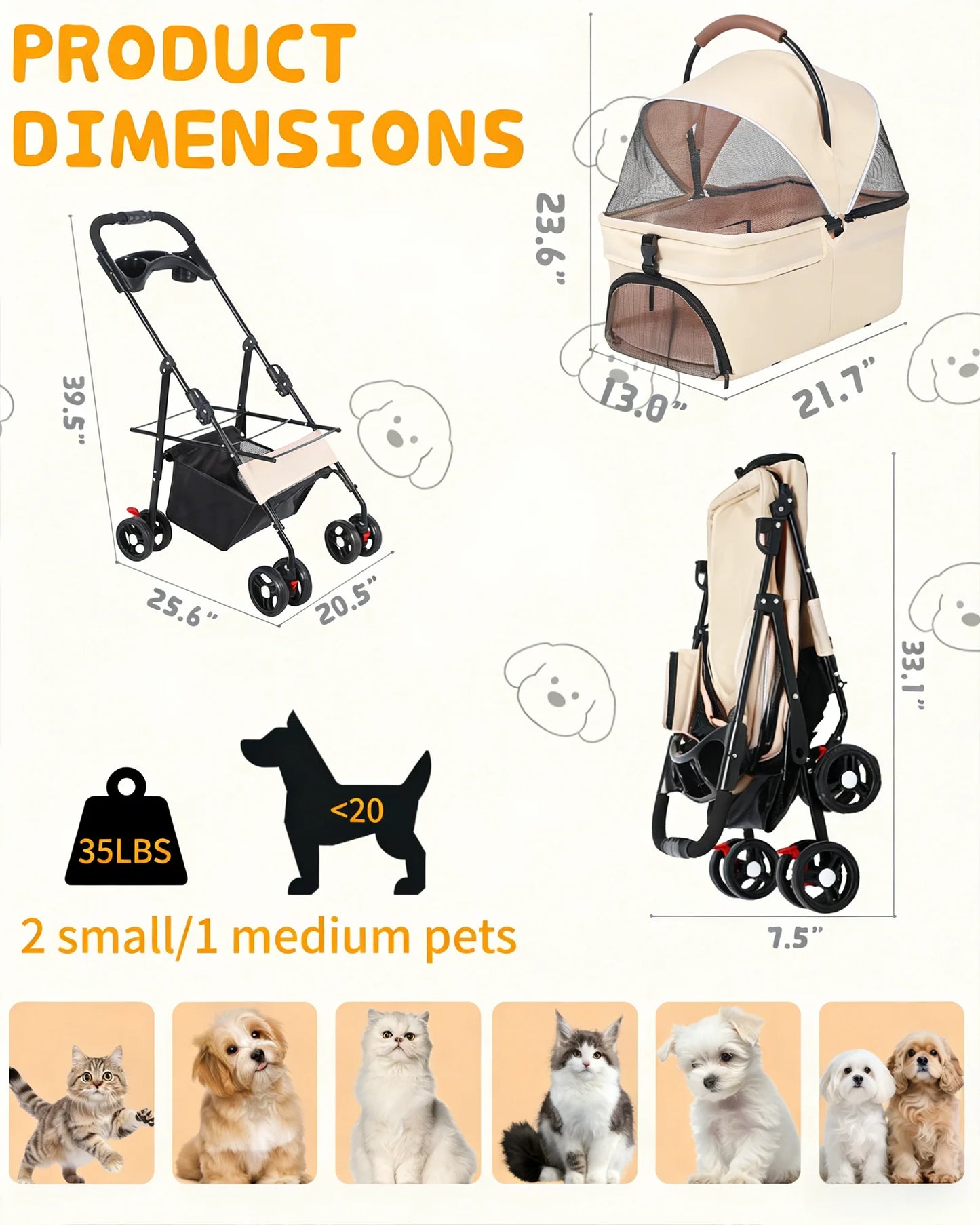 Cabusatly 2-In-1 Pet Stroller For Dogs And Cats Removable Carrier