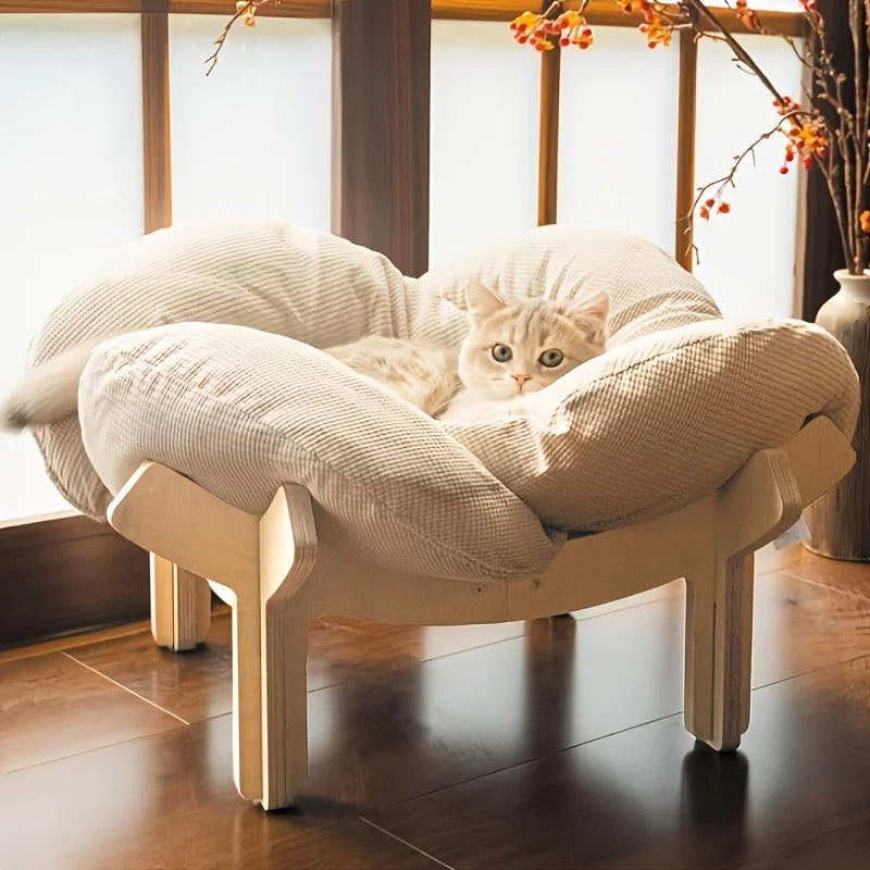 Raised Wooden Cat Bed With Cushion For Indoor Pets