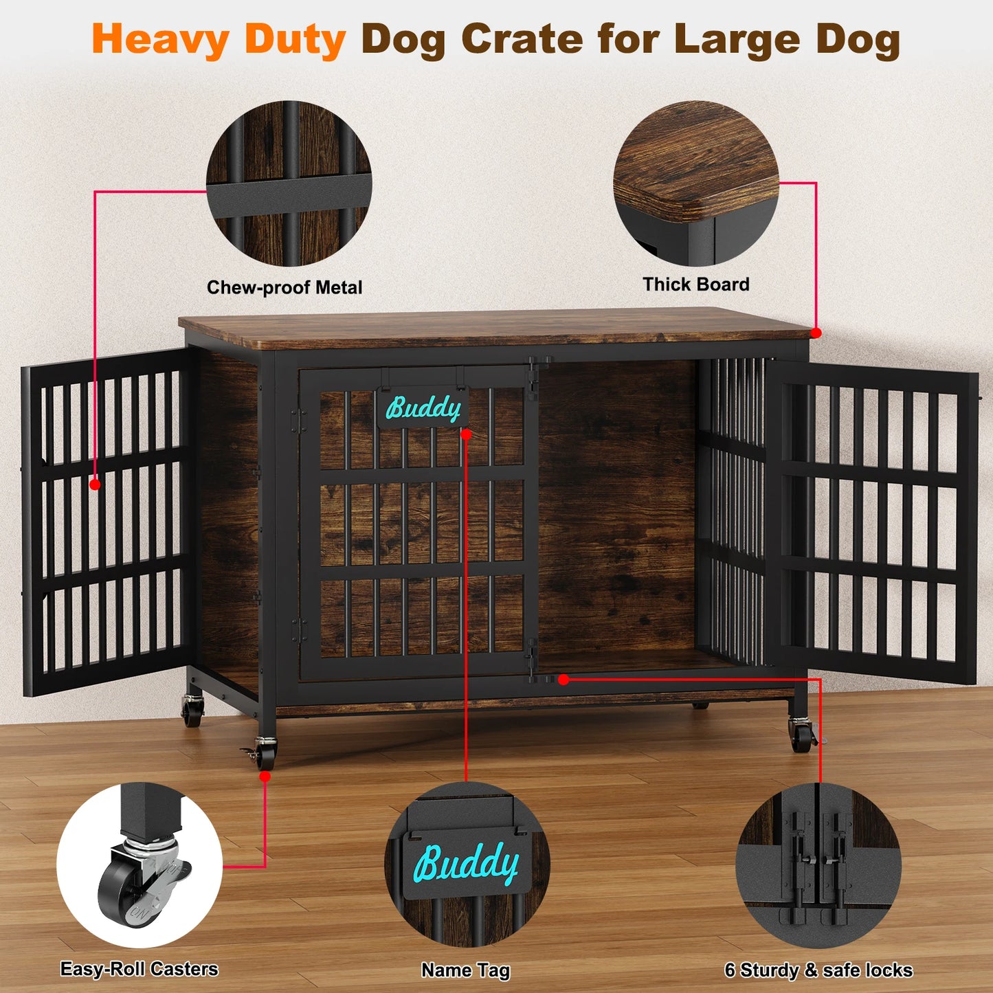Heavy Duty Dog Crate Furniture With Casters For Indoor Use