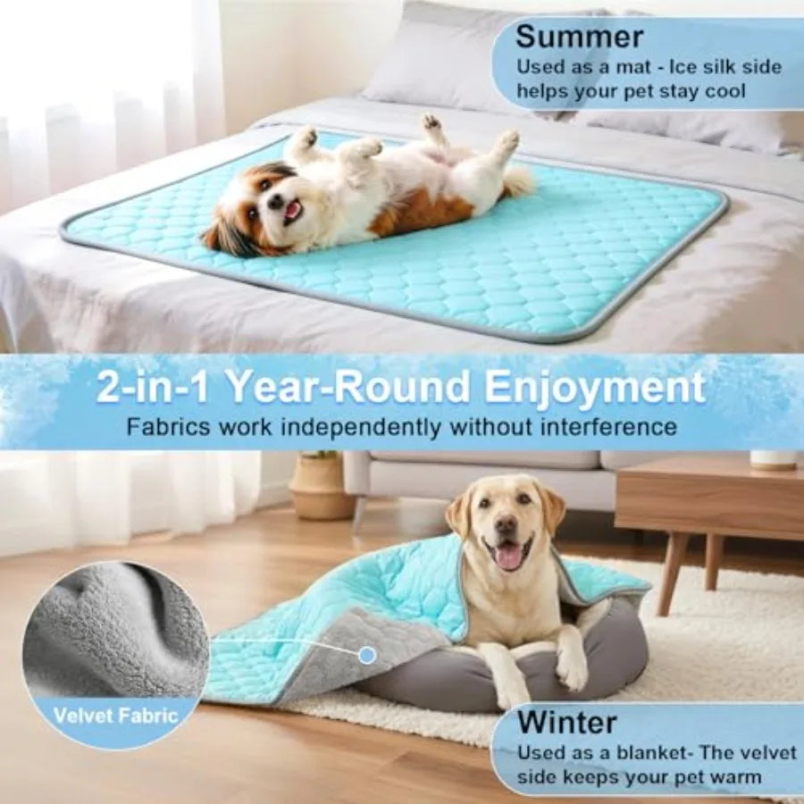 Dog Cooling Mat Waterproof Reversible Blanket With Ice Silk Velvet Pad