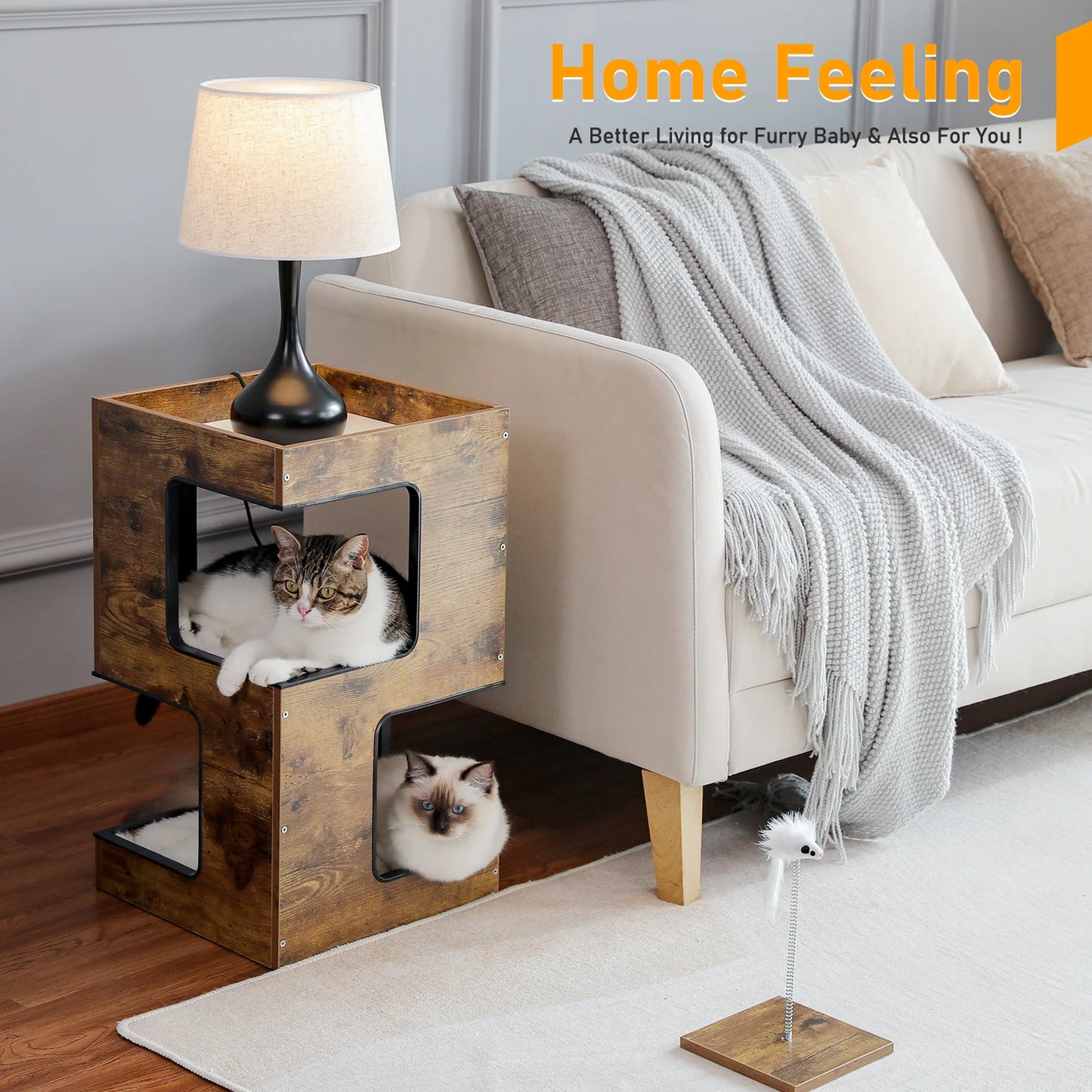 PAWZ Road Wood Cat Condo Bed With Removable Mats And Scratching Pad