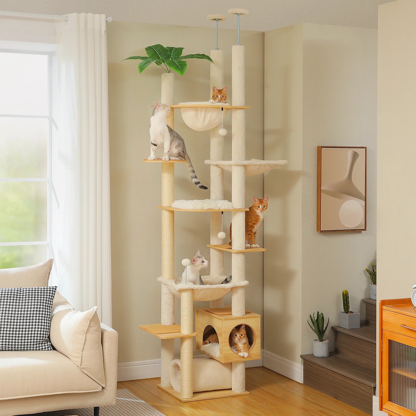 PAWZ Road Height Adjustable Wooden Cat Tree Hammock And Sisal Scratching Posts