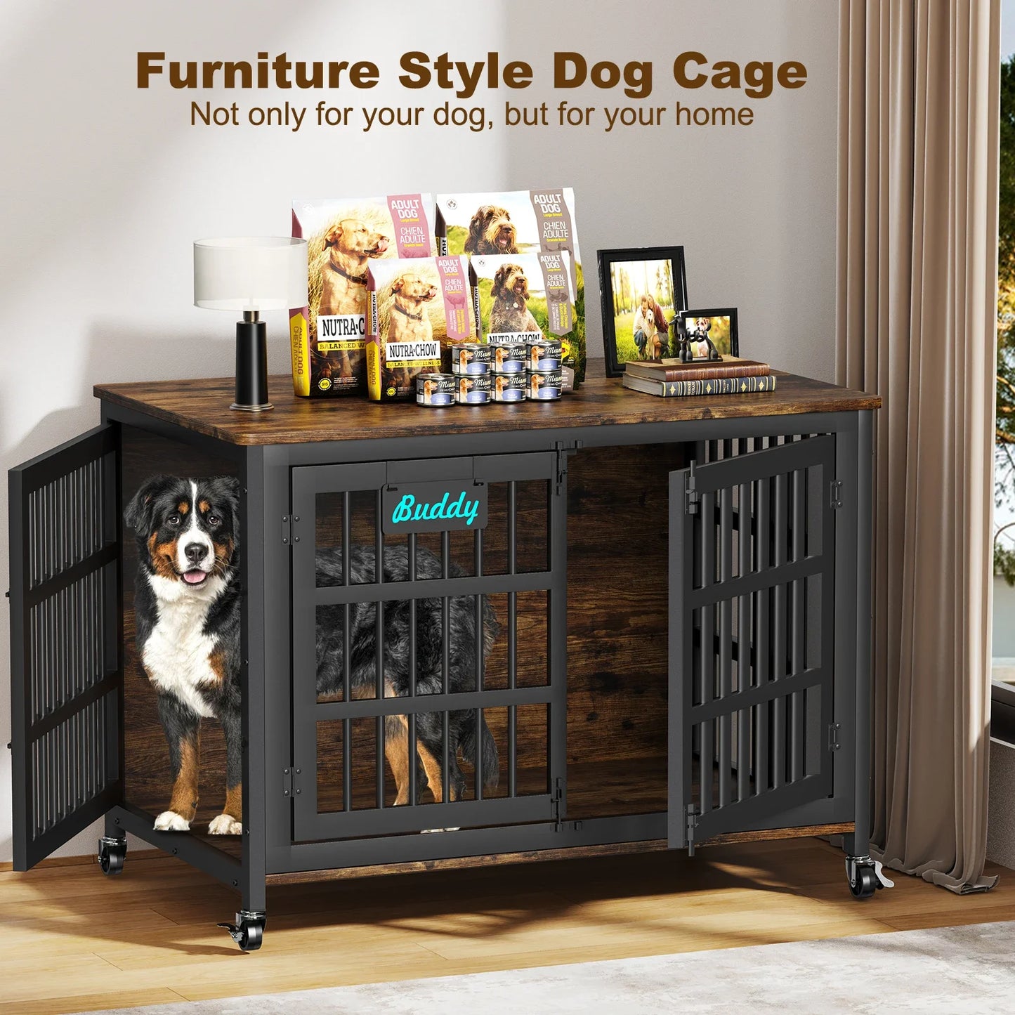Heavy Duty Dog Crate Furniture With Casters For Indoor Use