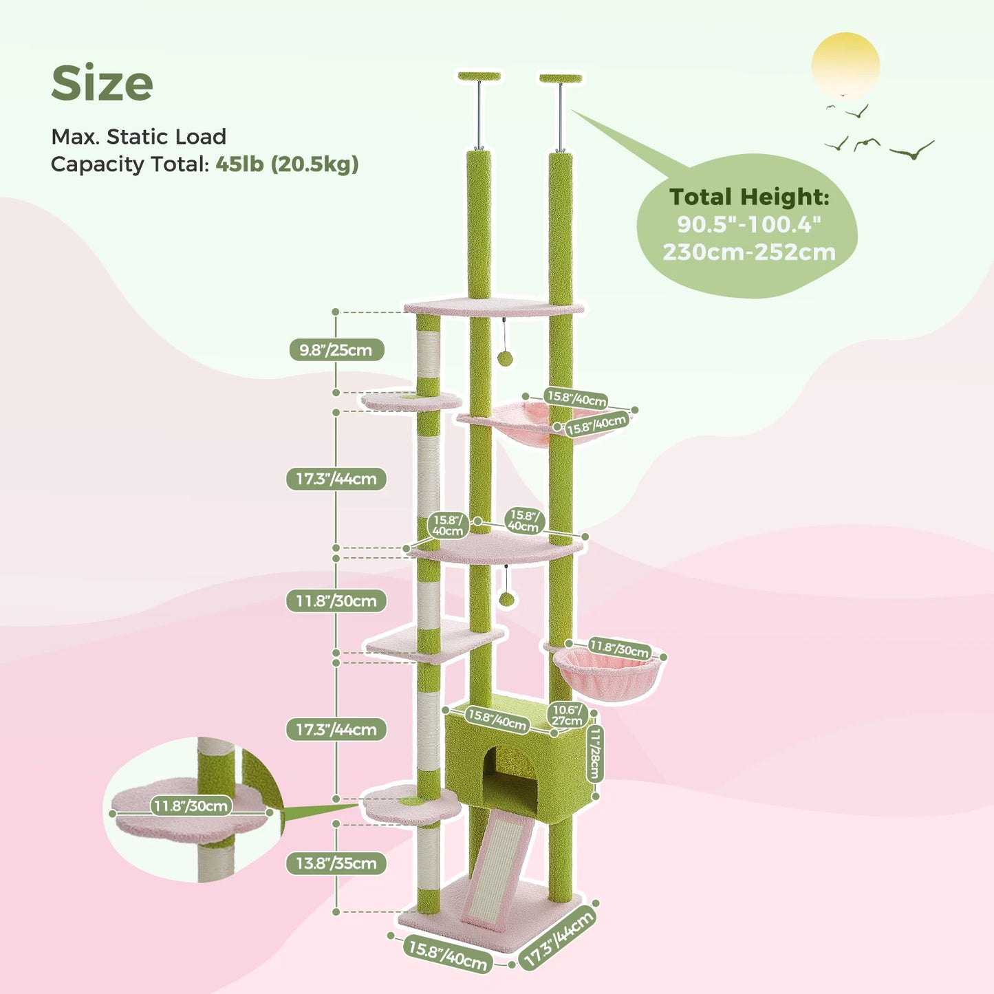 PETEPELA Cactus Cat Tree Floor To Ceiling Tower With Hammock