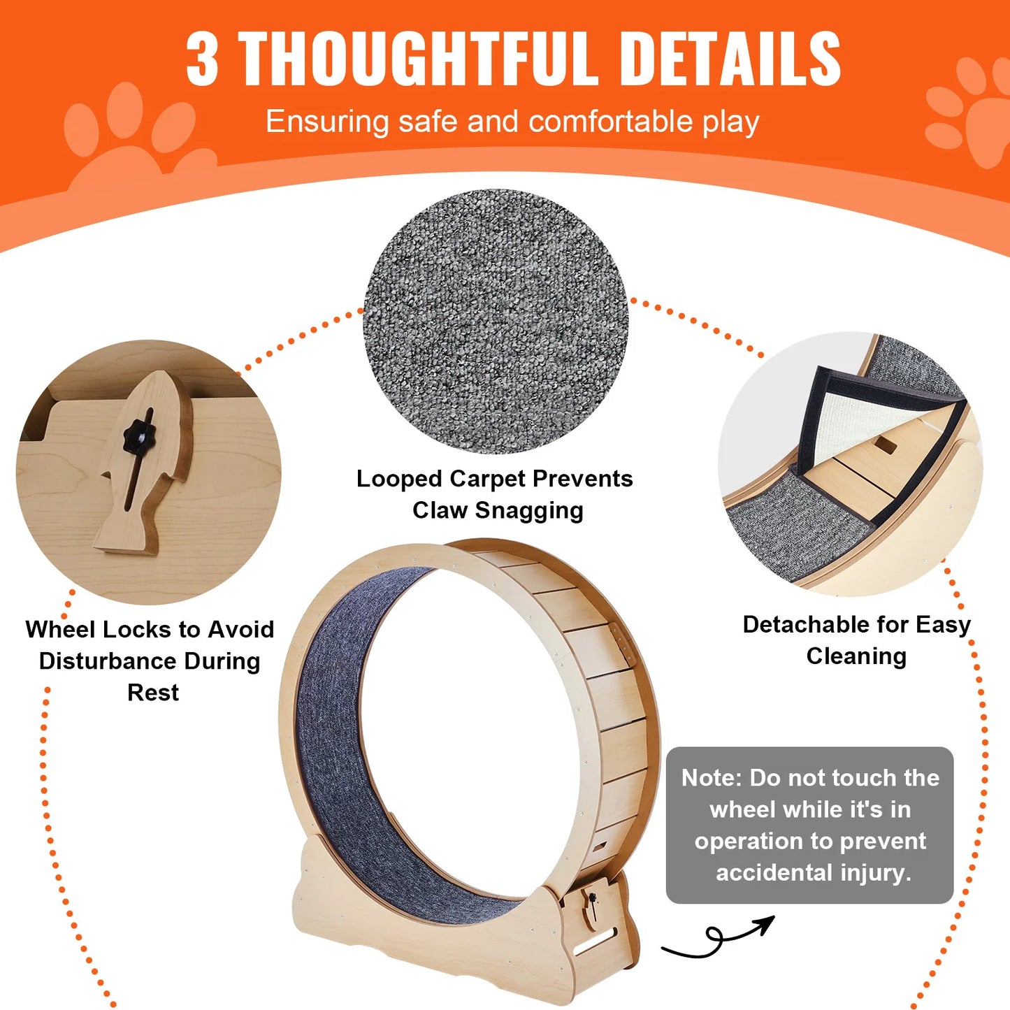 Wooden Cat Exercise Wheel For Indoor Running Detachable Carpet