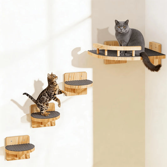 Pine Wood Cat Shelves With 3-Step Climbing Ladders Hammock