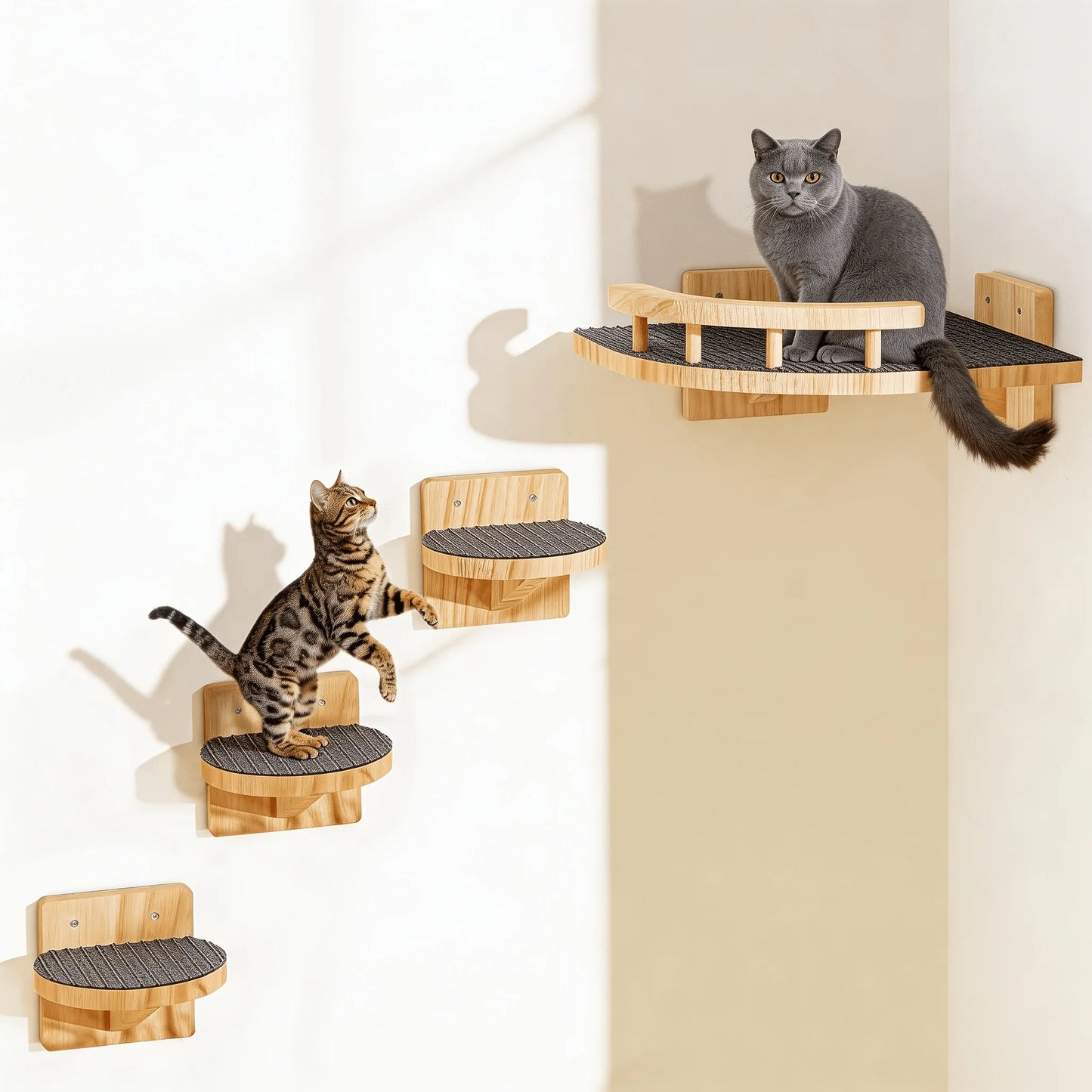Pine Wood Cat Wall Shelves Set With Climbing Ladders And Hammock Bed