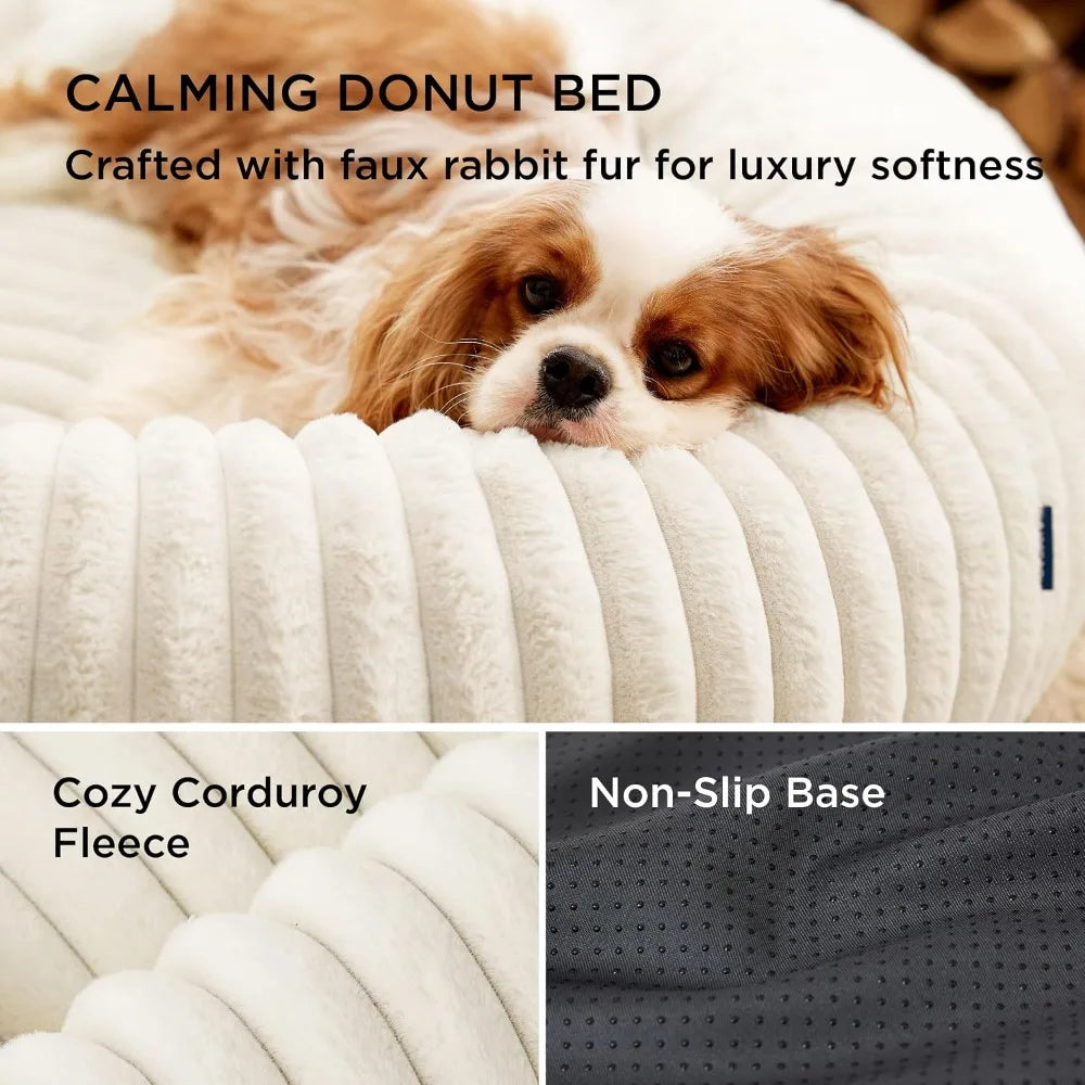 Donut Dog Bed With Faux Fur And Corduroy Fleece Removable Cover
