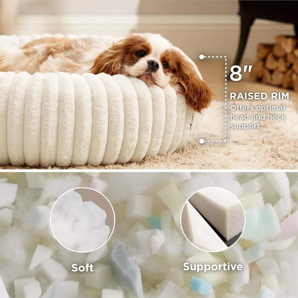 Donut Dog Bed With Washable Faux Fur Corduroy Fleece