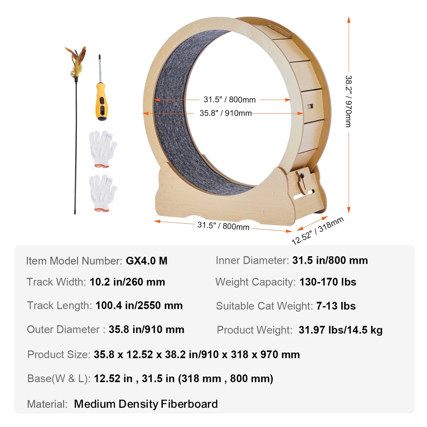Wooden Cat Exercise Wheel For Indoor Running Detachable Carpet
