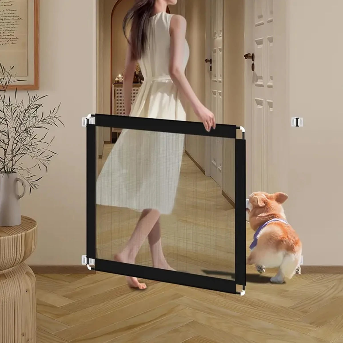 Pet Dog Barrier Fence With Hooks Folding Breathable Mesh Playpen