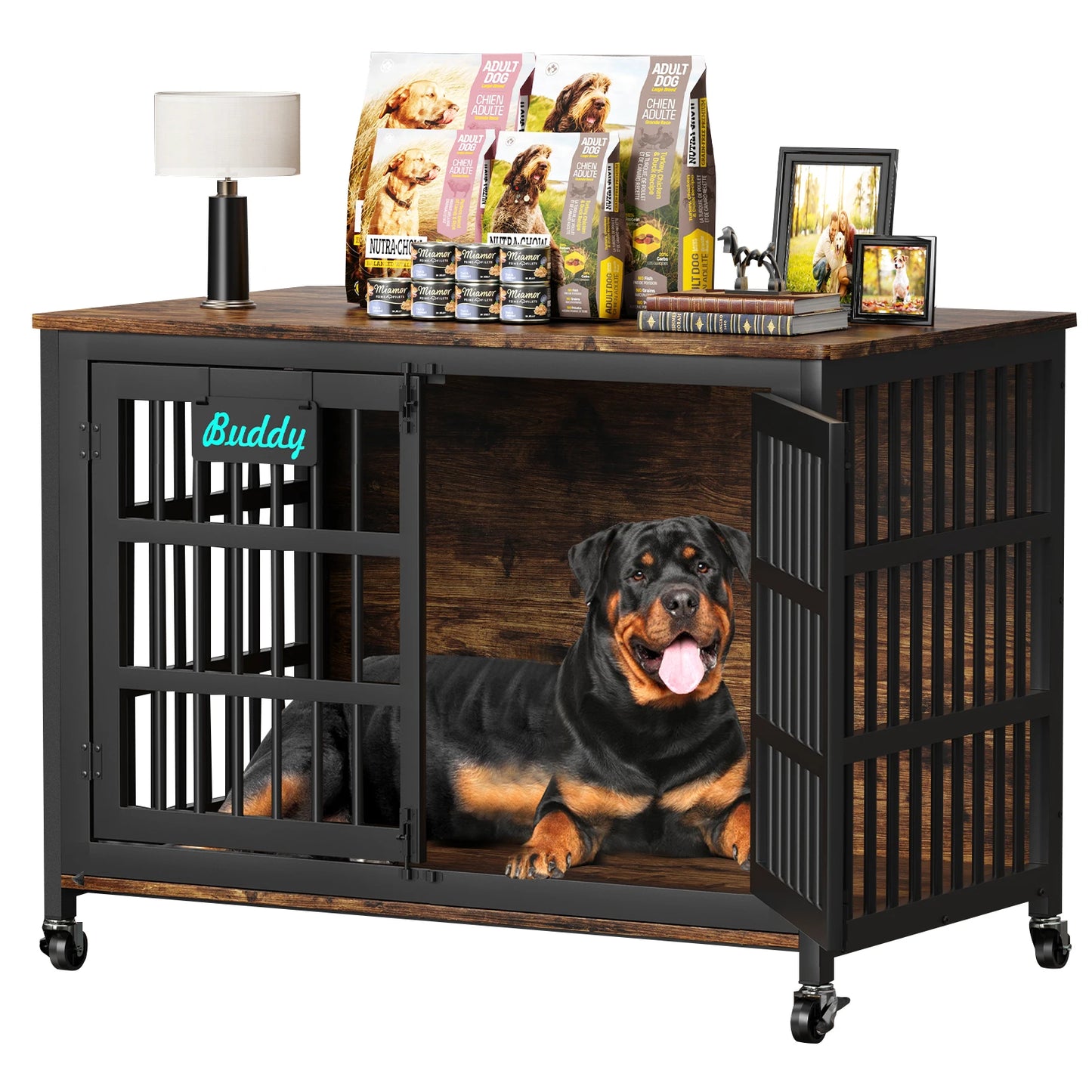 Heavy Duty Dog Crate Furniture With Casters For Indoor Use