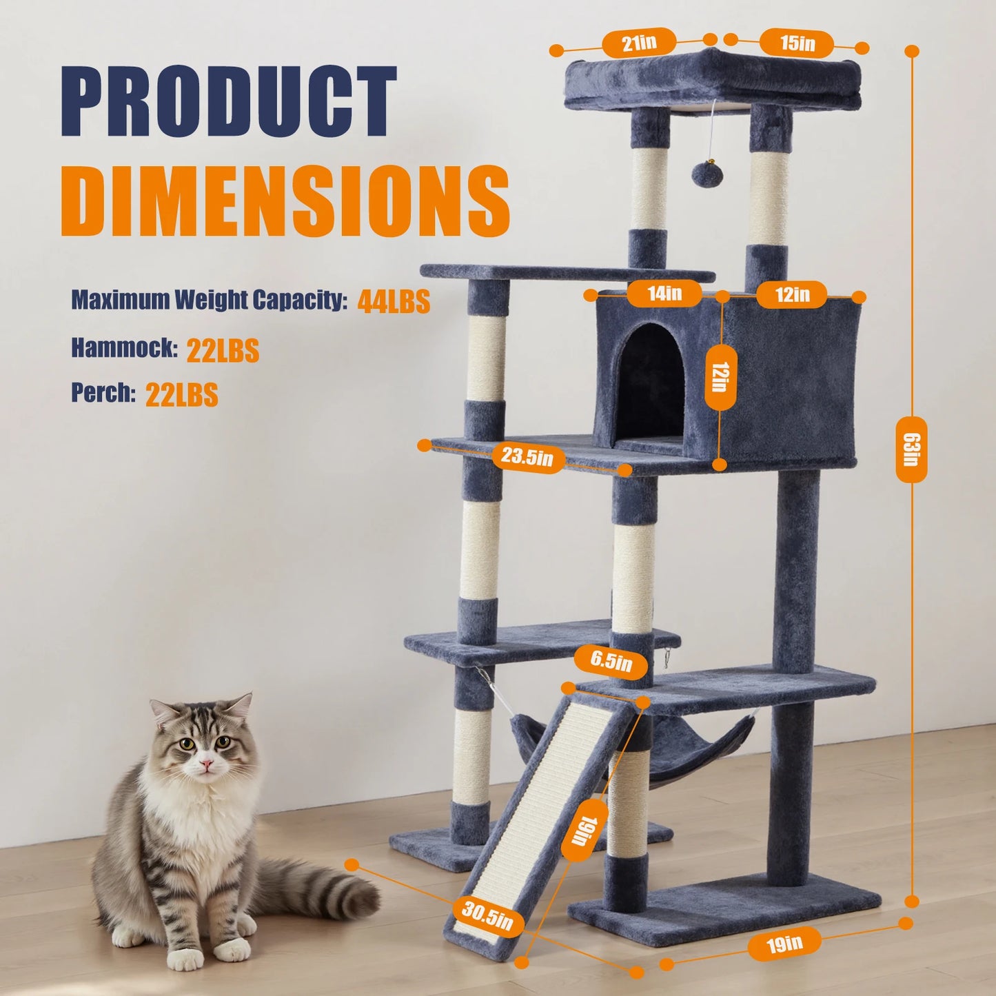 JHK Cat Tree Tall Multi Cat Climbing Tower Natural Sisal Posts