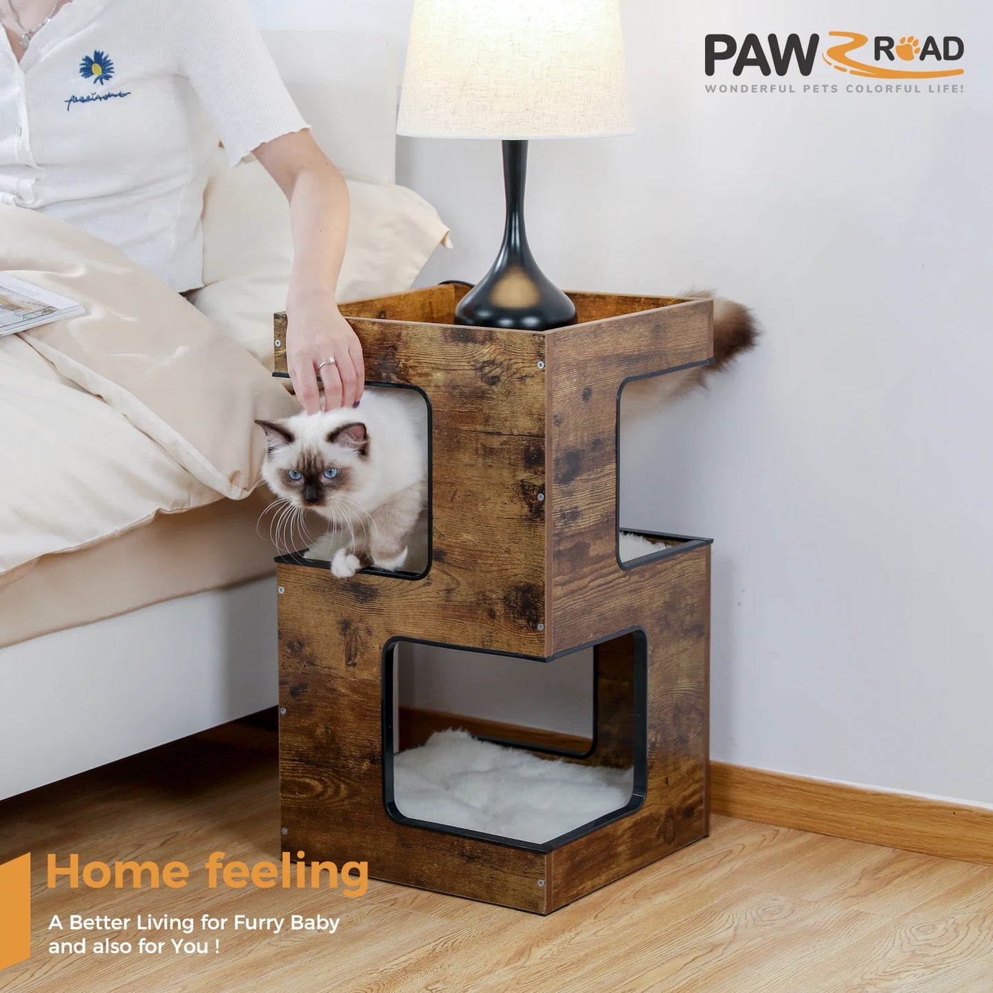 PAWZ Road Wood Cat Condo Bed With Removable Mats And Scratching Pad