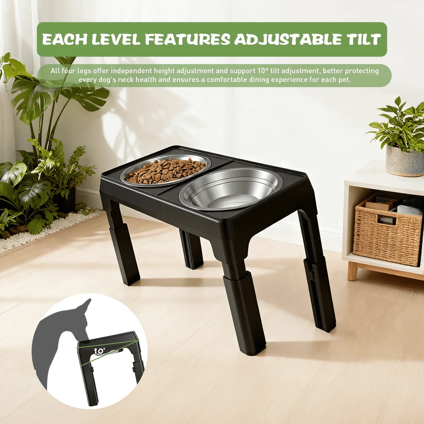 Elevated Dog Bowls With Adjustable Heights And Stainless Steel Bowls