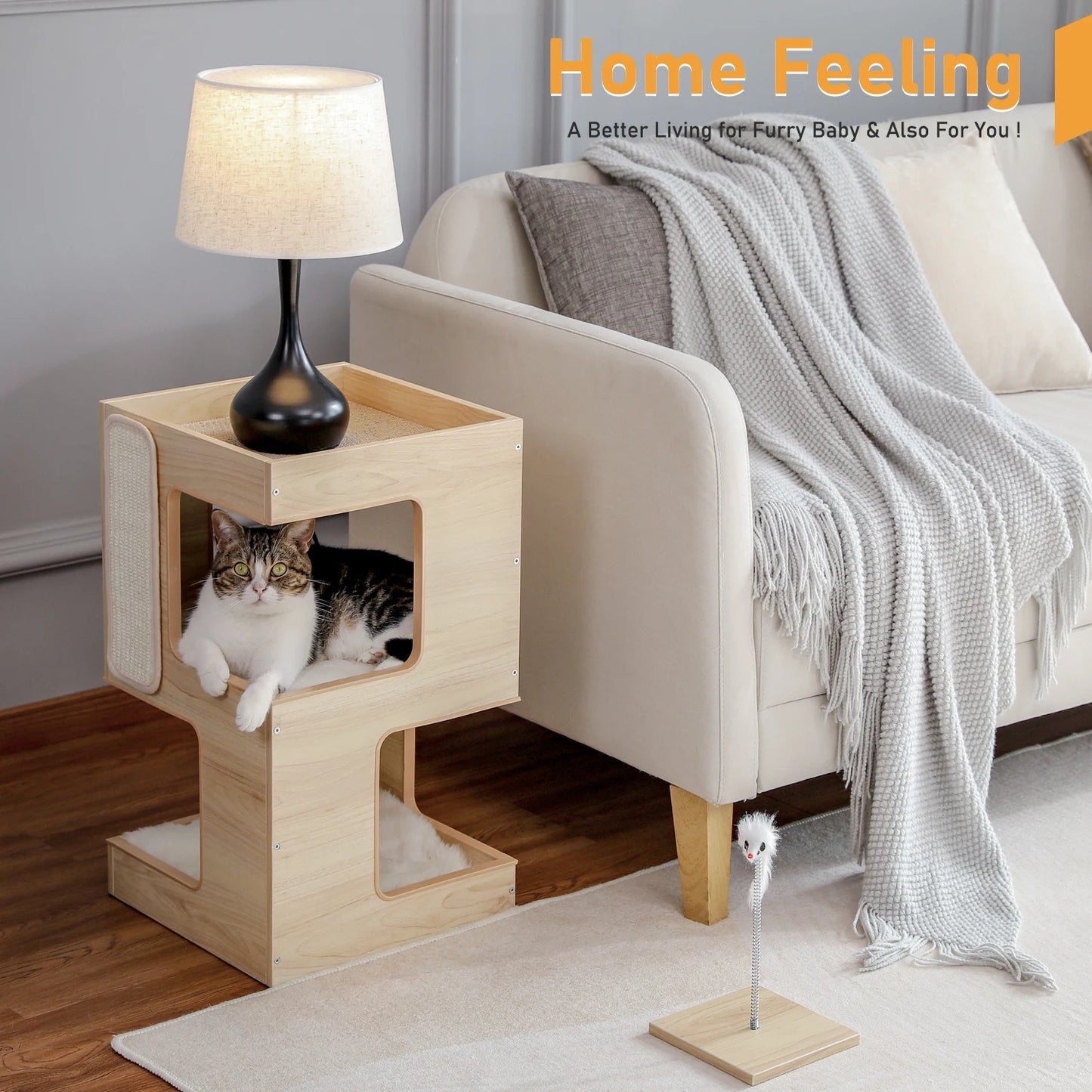 PAWZ Road Wood Cat Condo Bed With Removable Mats And Scratching Pad