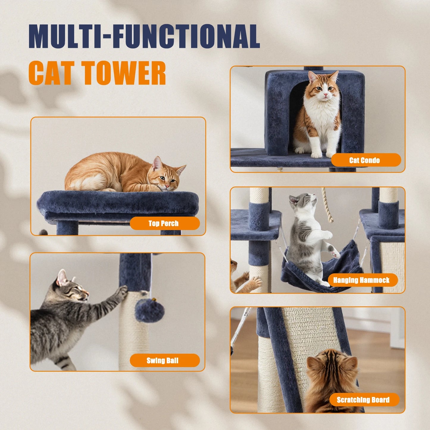 JHK Cat Tree Tall Multi Cat Climbing Tower Natural Sisal Posts