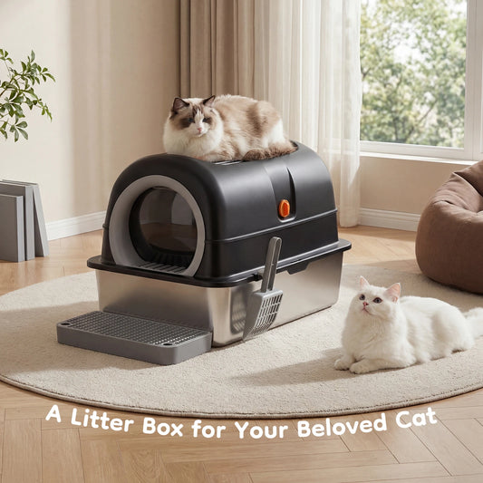 Stainless Steel Cat Litter Box With Fully Enclosed Design And Mat And Scoop