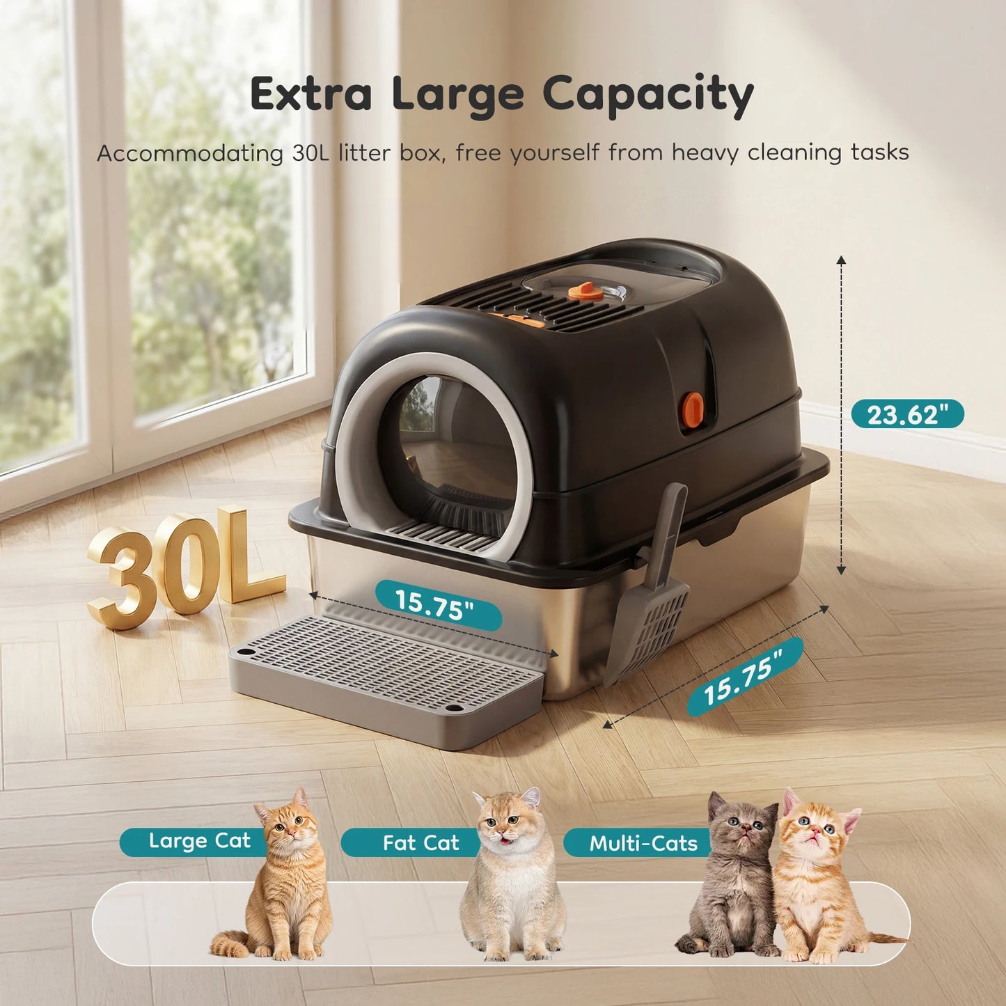 JHK Stainless Steel Enclosed Cat Litter Box For Large Cats