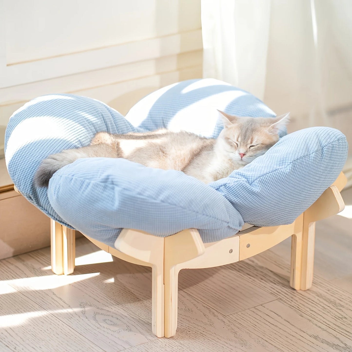 Raised Wooden Cat Bed With Soft Cushion For Indoor Use