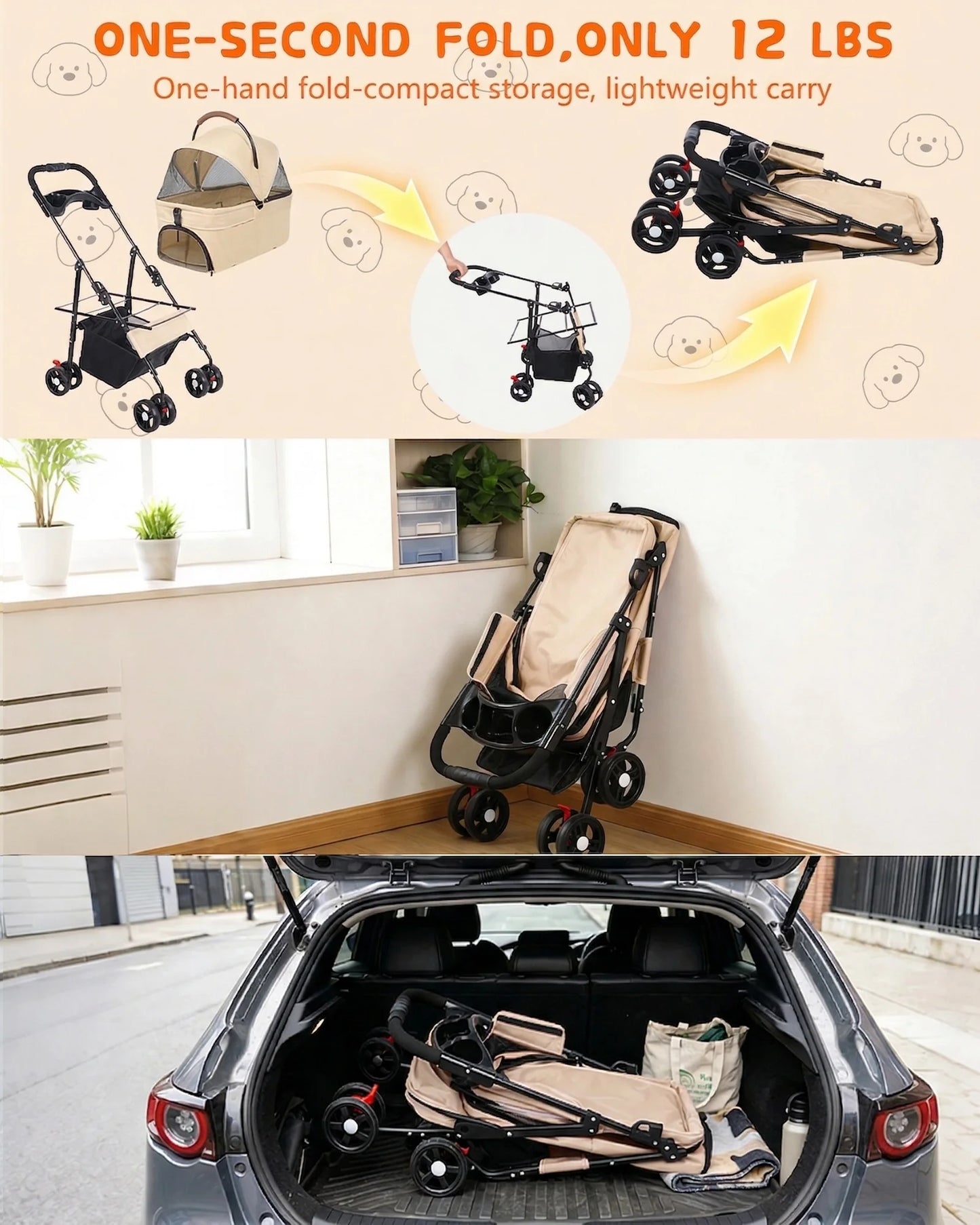 Cabusatly 2-In-1 Pet Stroller For Dogs And Cats Removable Carrier