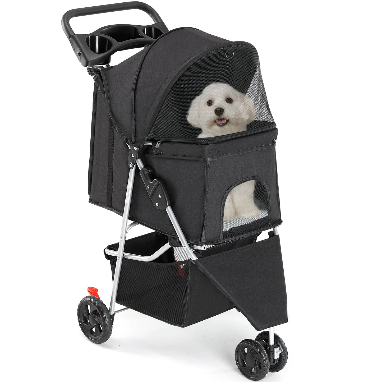 Three-Wheel Foldable Pet Stroller With Mesh Windows Basket And Cup Holder
