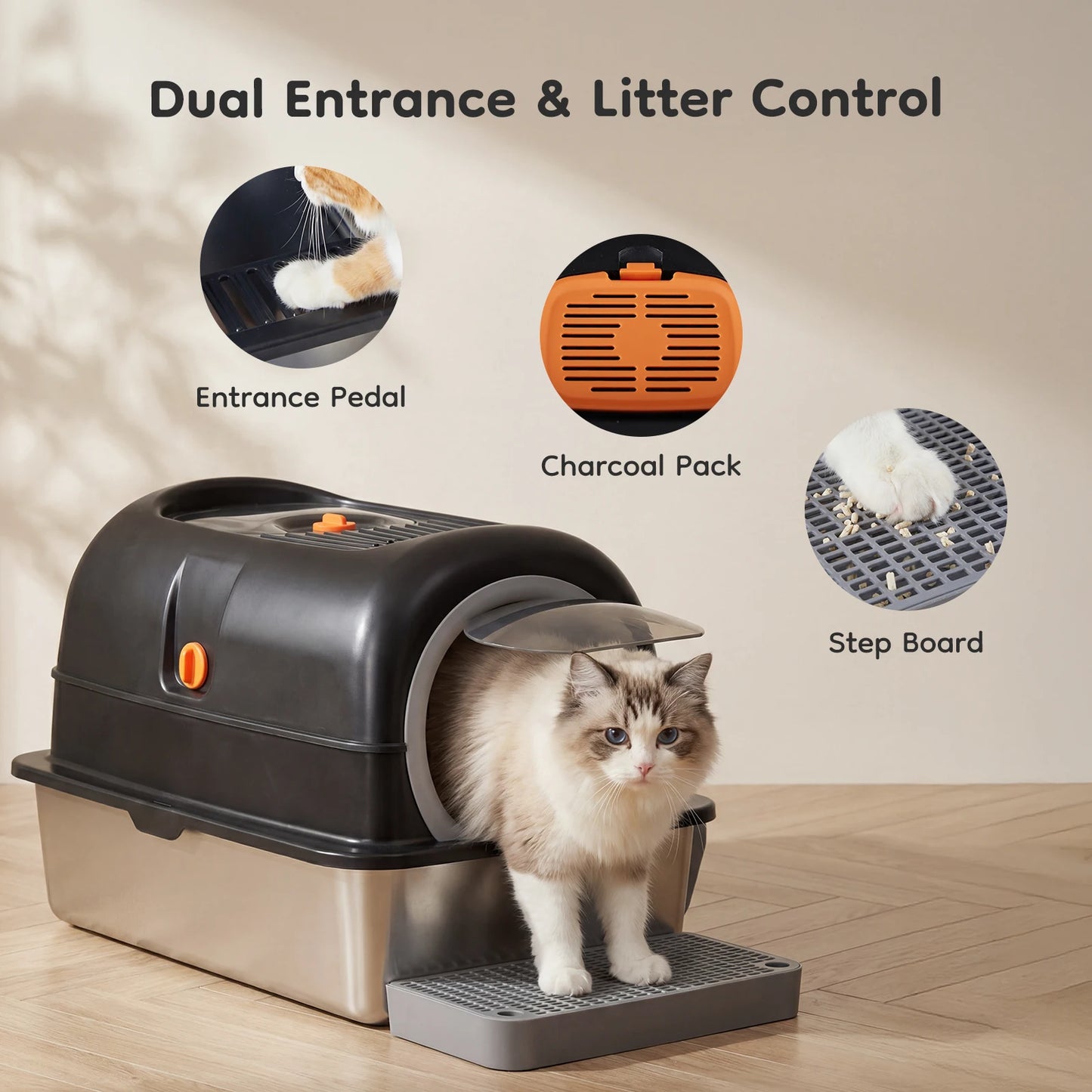 JHK Stainless Steel Enclosed Cat Litter Box For Large Cats