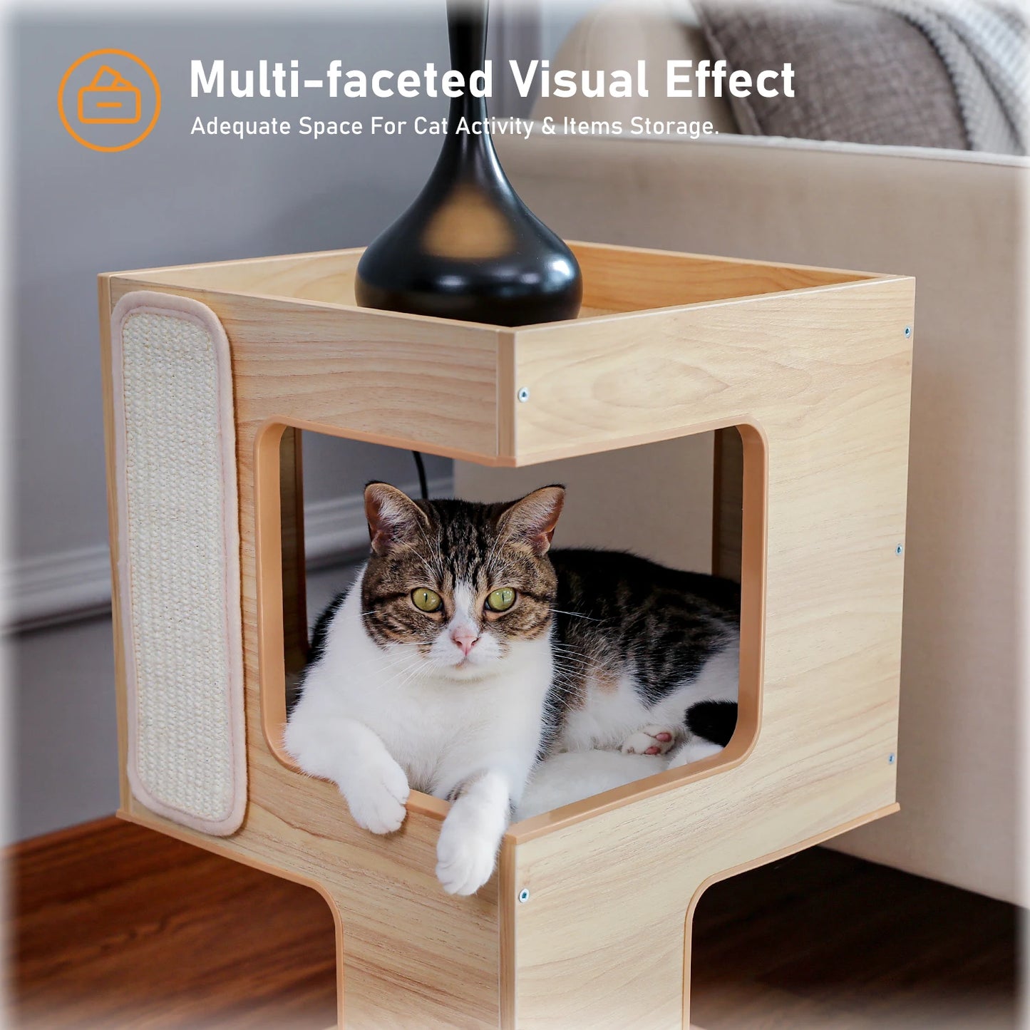 PAWZ Road Wood Cat Condo Bed With Removable Mats And Scratching Pad