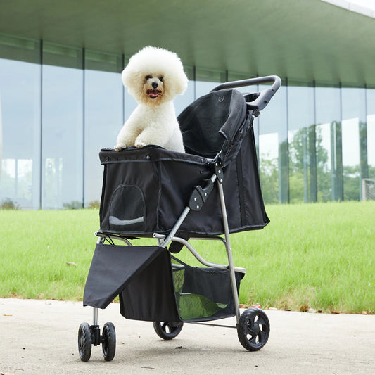 Three-Wheel Foldable Pet Stroller With Mesh Windows Basket And Cup Holder